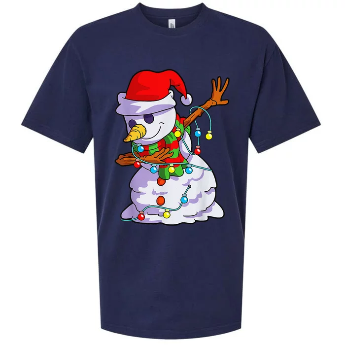 Cute Dabbing Snowman Christmas Lights Matching Family Pajama Sueded Cloud Jersey T-Shirt