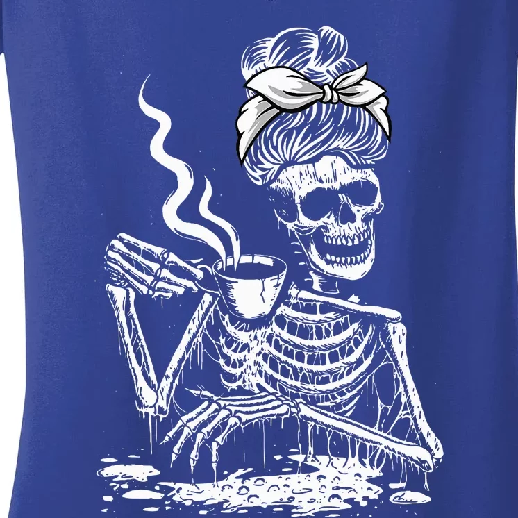 Coffee Drinking Skeleton Lazy DIY Halloween Women's V-Neck T-Shirt