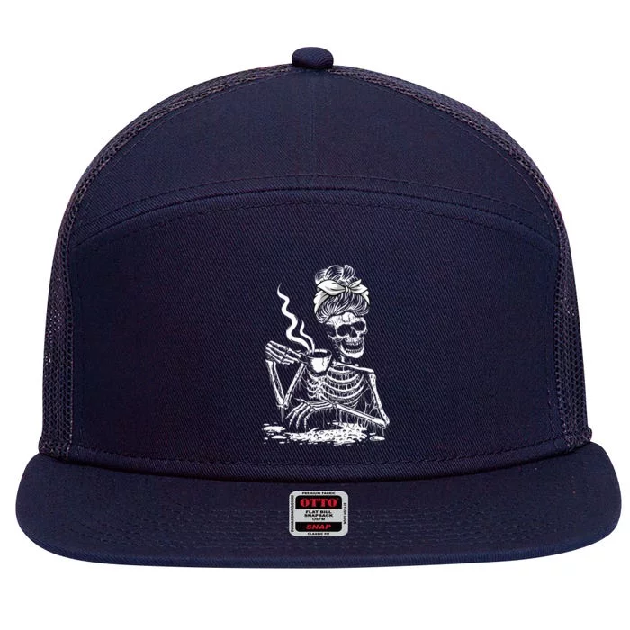 Coffee Drinking Skeleton Lazy DIY Halloween 7 Panel Mesh Trucker Snapback Hat