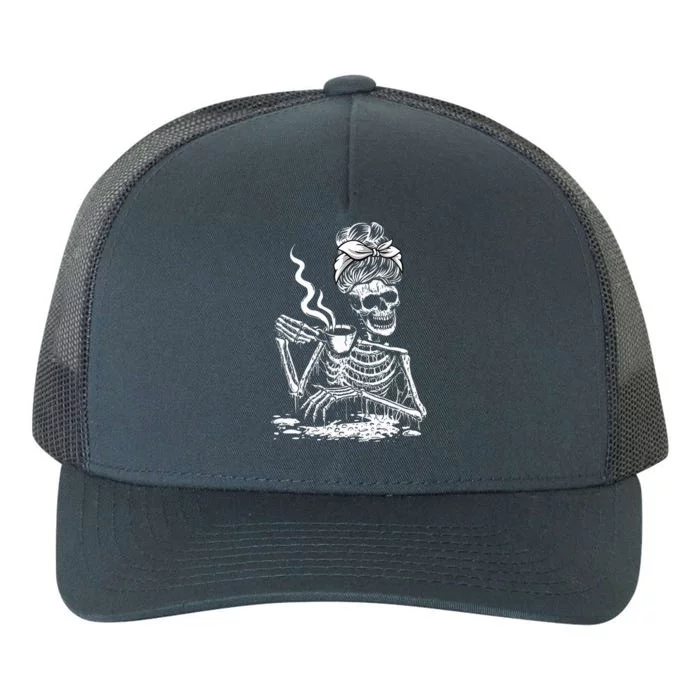 Coffee Drinking Skeleton Lazy DIY Halloween Yupoong Adult 5-Panel Trucker Hat