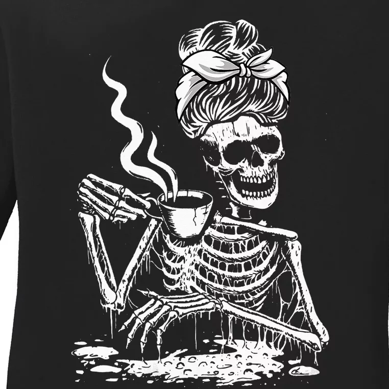 Coffee Drinking Skeleton Lazy DIY Halloween Costume Ladies Long Sleeve Shirt