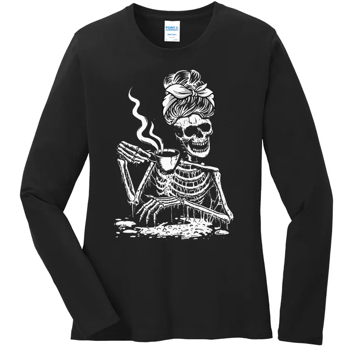 Coffee Drinking Skeleton Lazy DIY Halloween Costume Ladies Long Sleeve Shirt