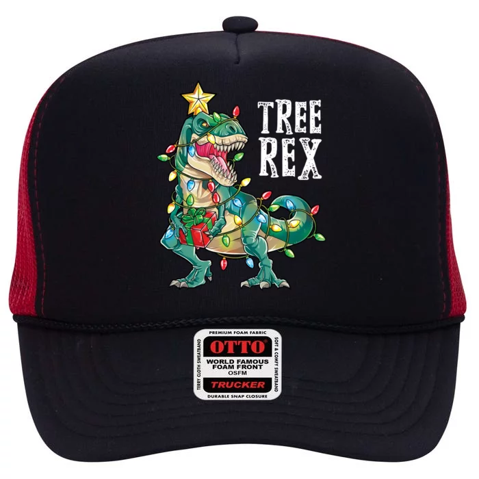 Christmas Dinosaur Tree Rex Pajamas Xmas Lights Gift High Crown Mesh Trucker Hat