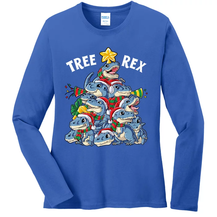 Christmas Dinosaur Tree Rex Pajamas Xmas Santa Hat Gift Ladies Long Sleeve Shirt