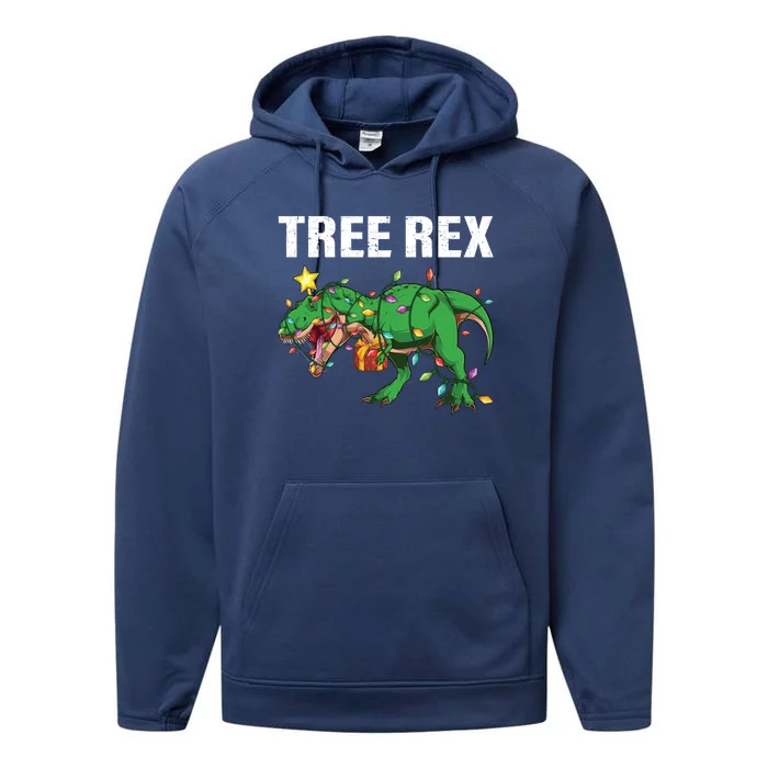 Christmas Dinosaur Tree Rex Xmas Lights T Rex Dinosaur Gift Performance Fleece Hoodie