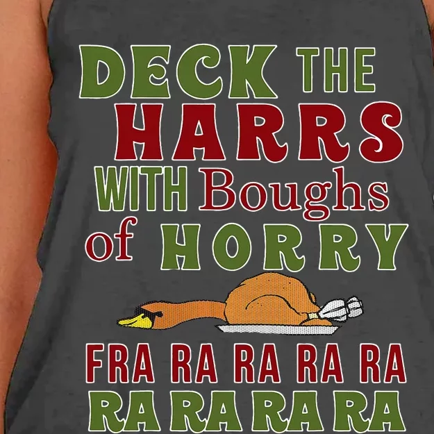 Christmas Deck The harrs Fra Ra Ra Funny Turkey Women's Knotted Racerback Tank