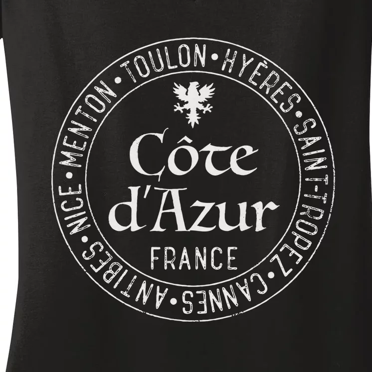 Cote DAzur Towns For French Riviera Mediterranean Travelers Women's V-Neck T-Shirt