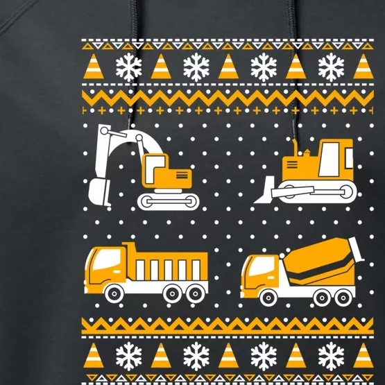 Construction Dump Trucks Bulldozer Ugly Christmas Sweater Performance Fleece Hoodie