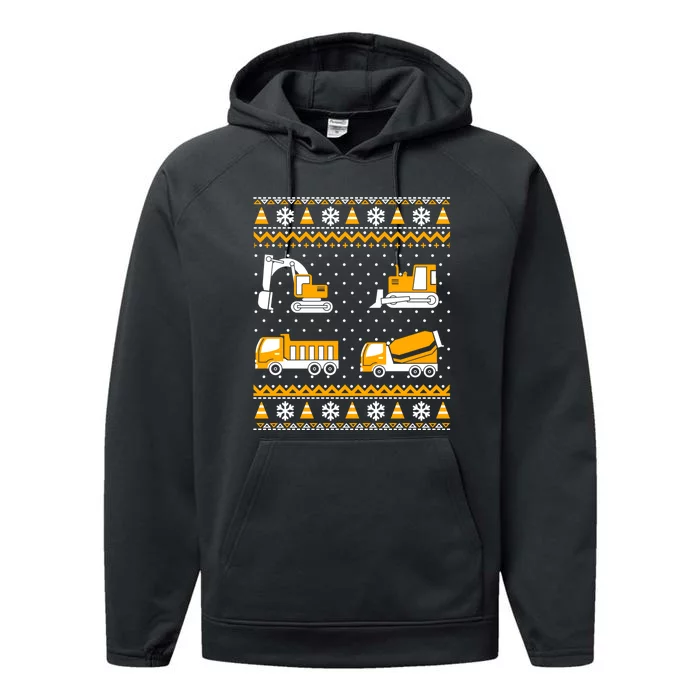 Construction Dump Trucks Bulldozer Ugly Christmas Sweater Performance Fleece Hoodie