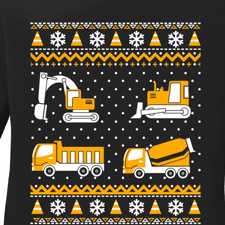 Construction Dump Trucks Bulldozer Ugly Christmas Sweater Ladies Long Sleeve Shirt