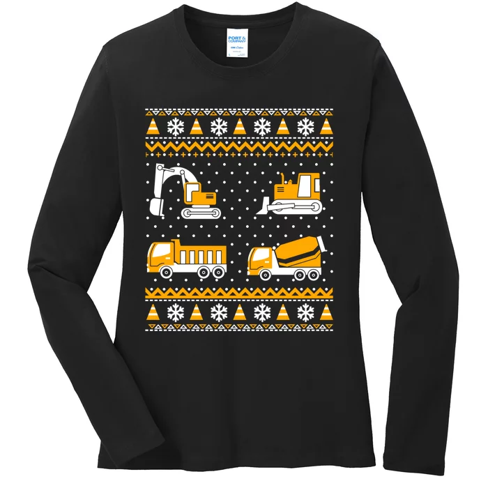 Construction Dump Trucks Bulldozer Ugly Christmas Sweater Ladies Long Sleeve Shirt