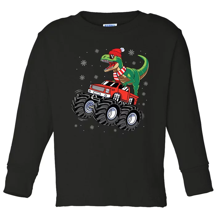 Christmas Dinosaur T Rex Riding Monster Truck Toddler Long Sleeve Shirt