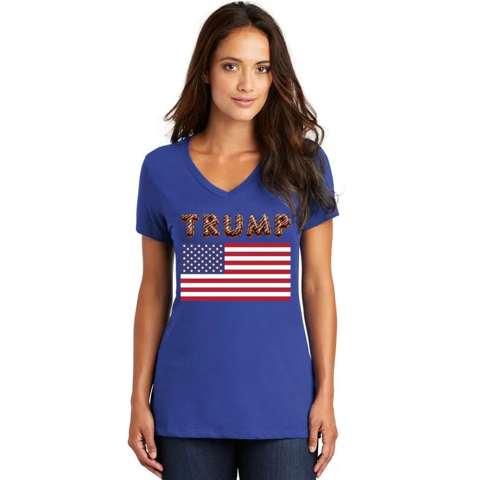 Chocolate Donut Trump 2024 4th Of July Usa Flag Bakery Maga Gift Women's V-Neck T-Shirt