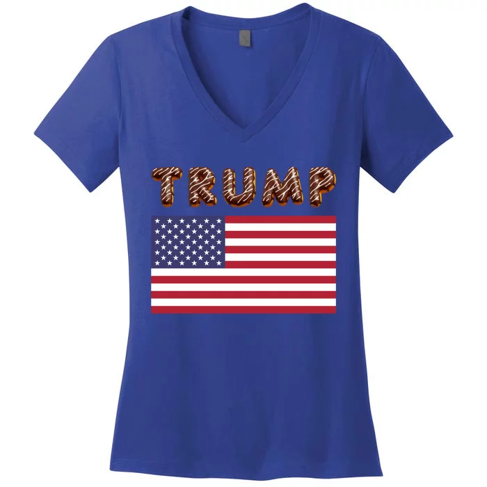 Chocolate Donut Trump 2024 4th Of July Usa Flag Bakery Maga Gift Women's V-Neck T-Shirt