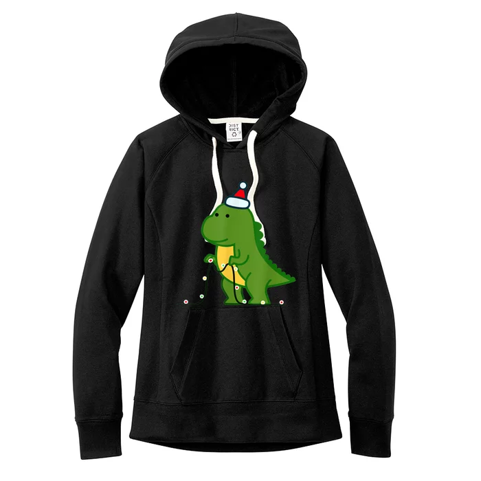 Christmas Dinosaur Tree Rex Putting Up String Lights Vintage Women's Fleece Hoodie