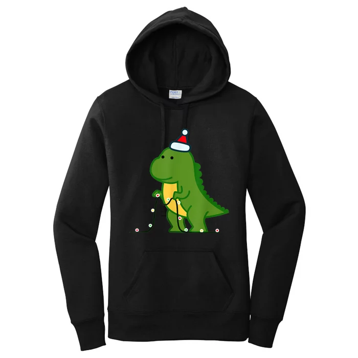 Christmas Dinosaur Tree Rex Putting Up String Lights Vintage Women's Pullover Hoodie