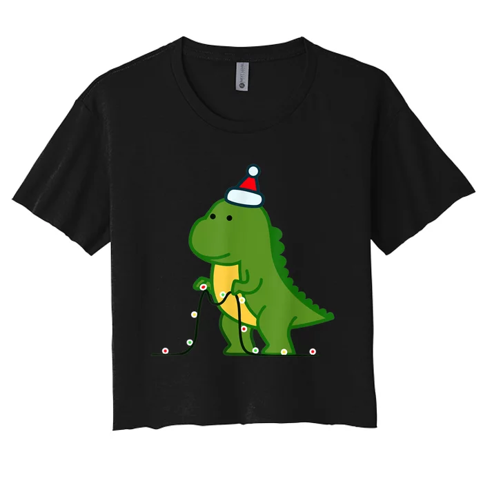 Christmas Dinosaur Tree Rex Putting Up String Lights Vintage Women's Crop Top Tee