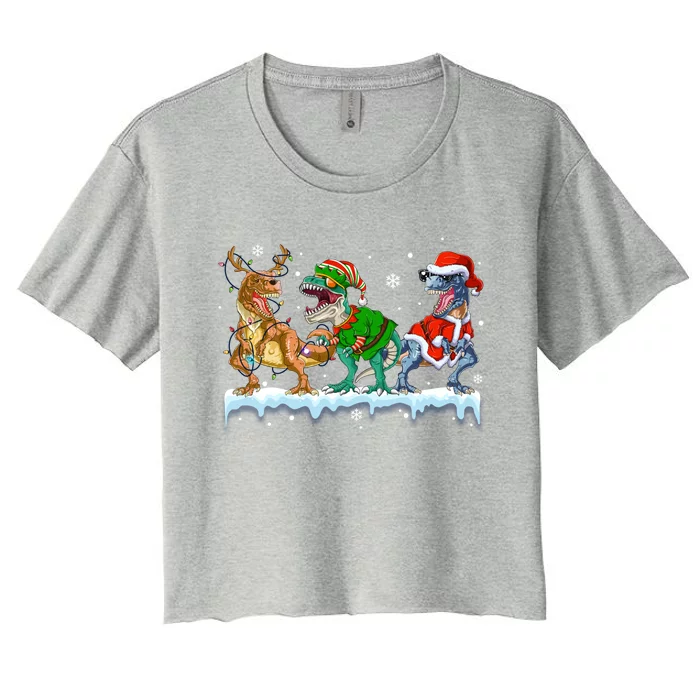 Christmas Dinosaur Tree Rex Lights Santa Elf Reindeer Gift Women's Crop Top Tee