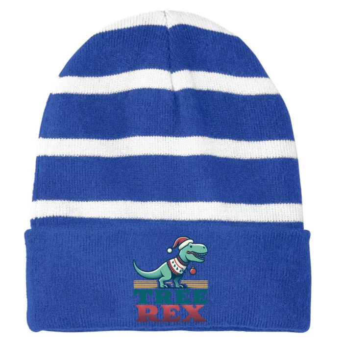 Christmas Dinosaur Tree Rex Retro Groovy Xmas Style Cute Gift Striped Beanie with Solid Band