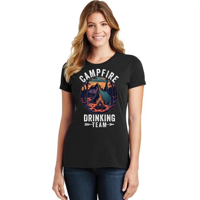 Campfire Drinking Team Outdoors Bonfire Camp Fire Nature Lover Funny Camping Women's T-Shirt