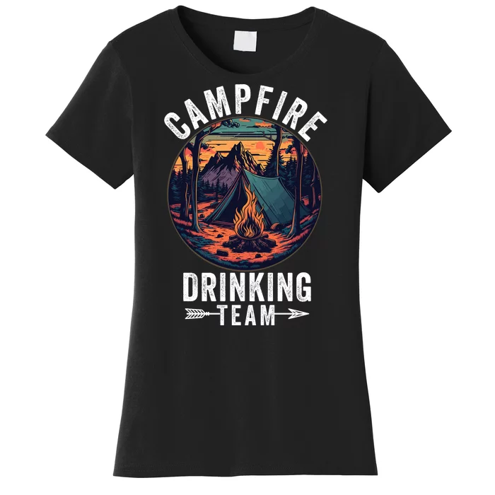 Campfire Drinking Team Outdoors Bonfire Camp Fire Nature Lover Funny Camping Women's T-Shirt