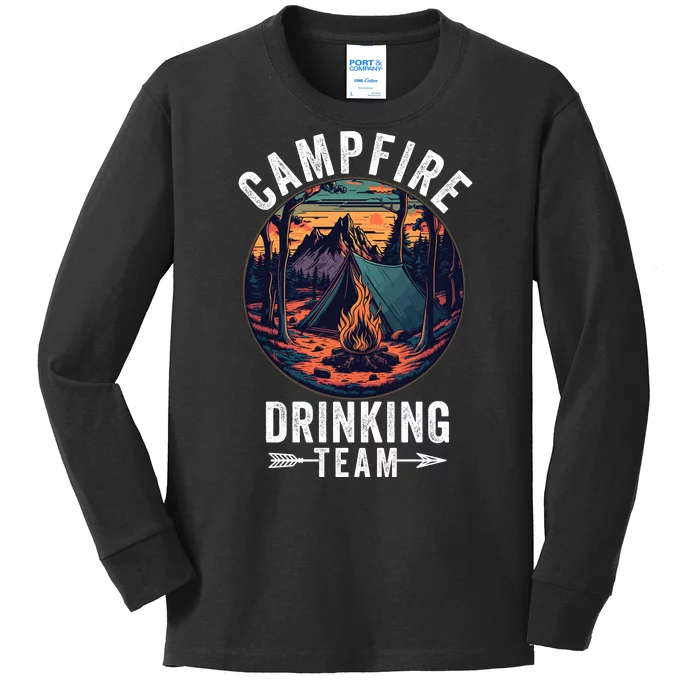 Campfire Drinking Team Outdoors Bonfire Camp Fire Nature Lover Funny Camping Kids Long Sleeve Shirt