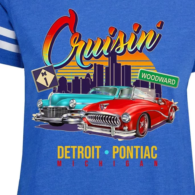 Cruisin Detroit To Pontiac Clasic Cars Enza Ladies Jersey Football T-Shirt