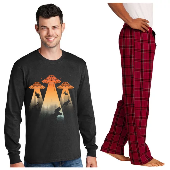 Cool Dinosaur Ufo Alien Abduction Dinosaur Long Sleeve Pajama Set