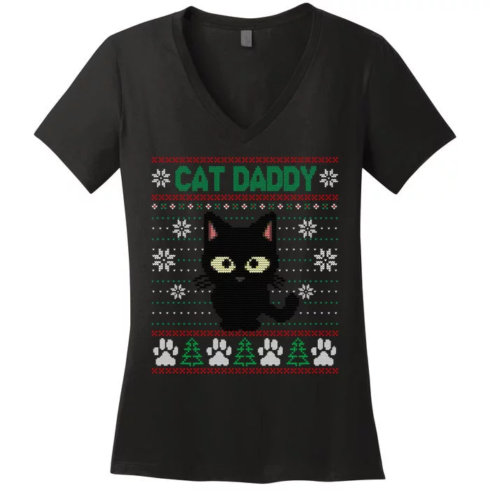 Cat Daddy Ugly Christmas Sweater Pajama Funny Kitty Cat Lover Xmas Gift Women's V-Neck T-Shirt