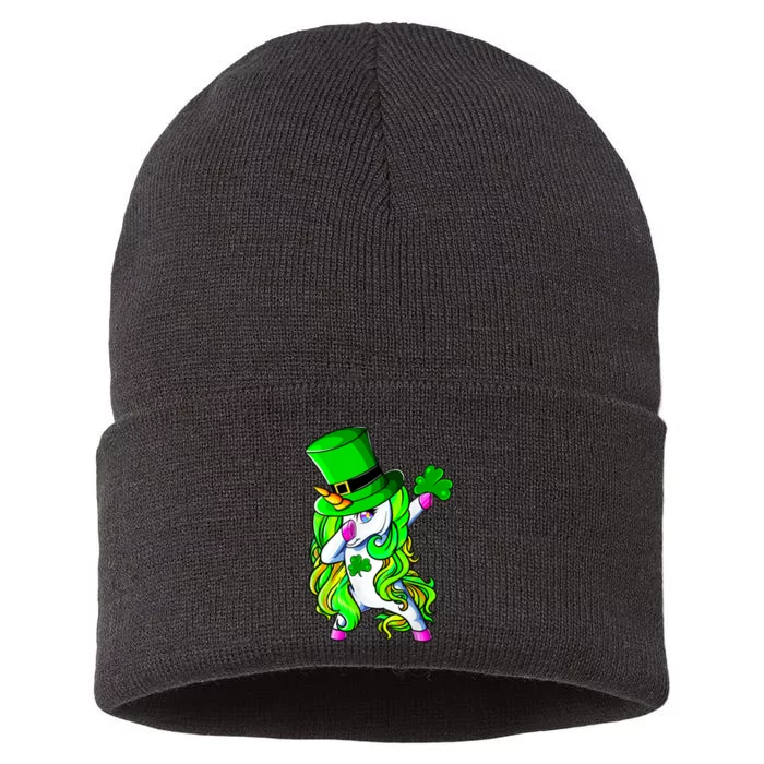 Cute Dabbing Unicorn St Patricks Day Shamrock Girls Women Sustainable Knit Beanie