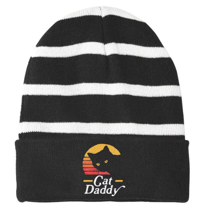 Cat Daddy Vintage Eighties Style Cat Retro Distressed Striped Beanie with Solid Band