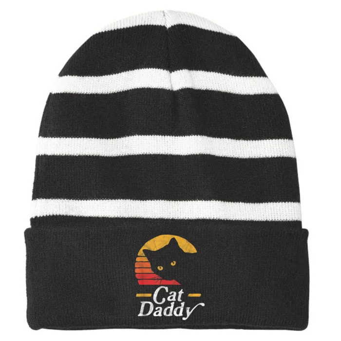 Cat Daddy Vintage Eighties Style Cat Retro Distressed Striped Beanie with Solid Band