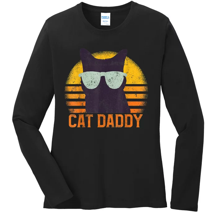 Cat Daddy Vintage Eighties Style Cat Retro Distressed Ladies Long Sleeve Shirt