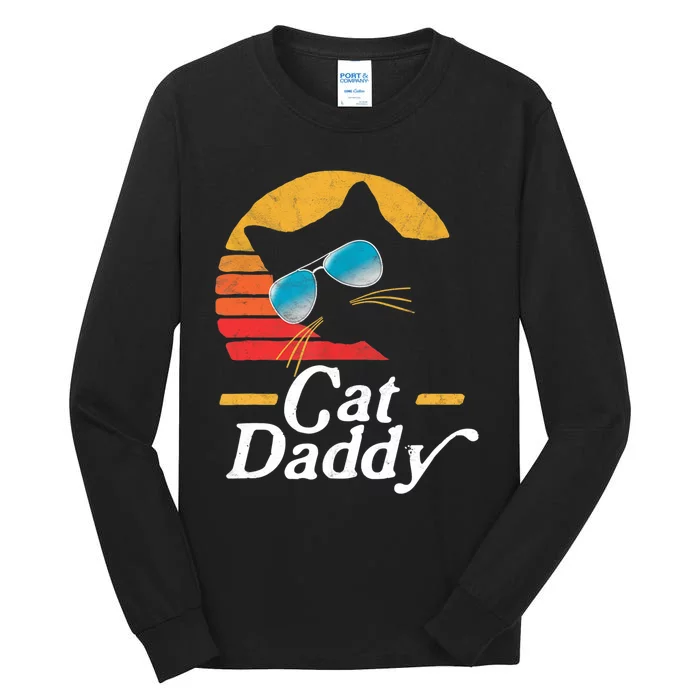 Cat Daddy Vintage 80s Style Cat Retro Sunglasses Distressed TShirt Tall Long Sleeve T-Shirt