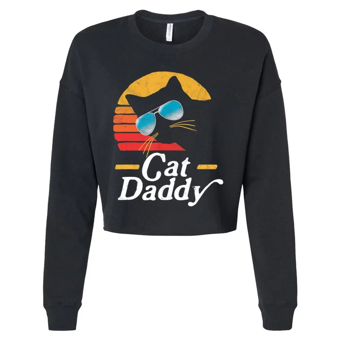 Cat Daddy Vintage 80s Style Cat Retro Sunglasses Distressed TShirt Cropped Pullover Crew