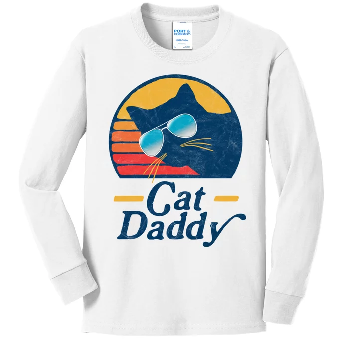 Cat Daddy Vintage 80s Style Cat Retro Sunglasses Distressed Kids Long Sleeve Shirt