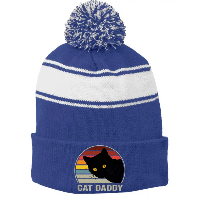 Cat Daddy Vintage Cat 80s Retro Style For Cat Dad Stripe Pom Pom Beanie