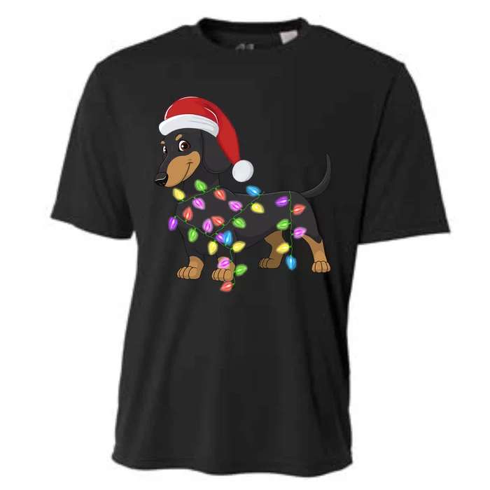 Christmas Dachshund With Santa Hat And Christmas Lights Gift Cooling Performance Crew T-Shirt