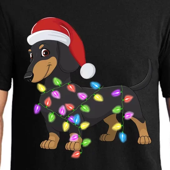 Christmas Dachshund With Santa Hat And Christmas Lights Gift Pajama Set