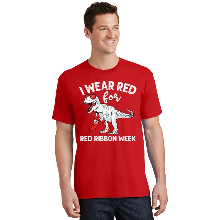 Cute Dinosaur We Wear Red For Red Ribbon Week Awareness T-Shirt