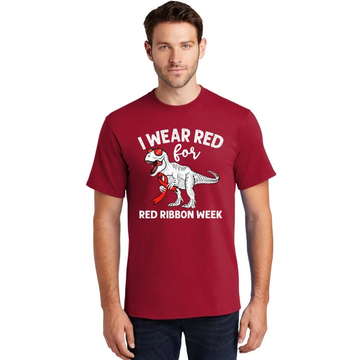 Cute Dinosaur We Wear Red For Red Ribbon Week Awareness Tall T-Shirt