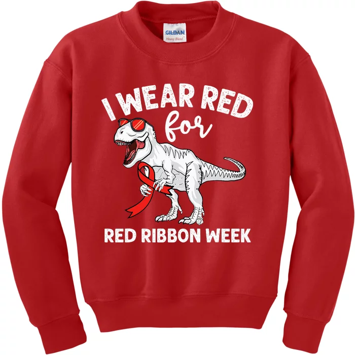 Cute Dinosaur We Wear Red For Red Ribbon Week Awareness Kids Sweatshirt