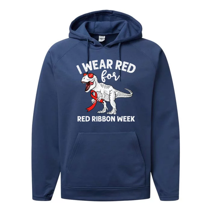 Cute Dinosaur We Wear Red For Red Ribbon Week Awareness Performance Fleece Hoodie