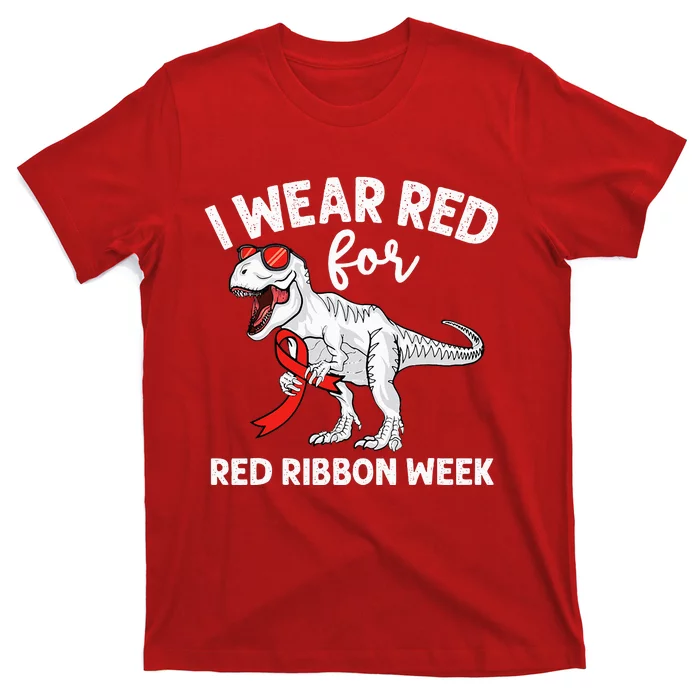 Cute Dinosaur We Wear Red For Red Ribbon Week Awareness T-Shirt