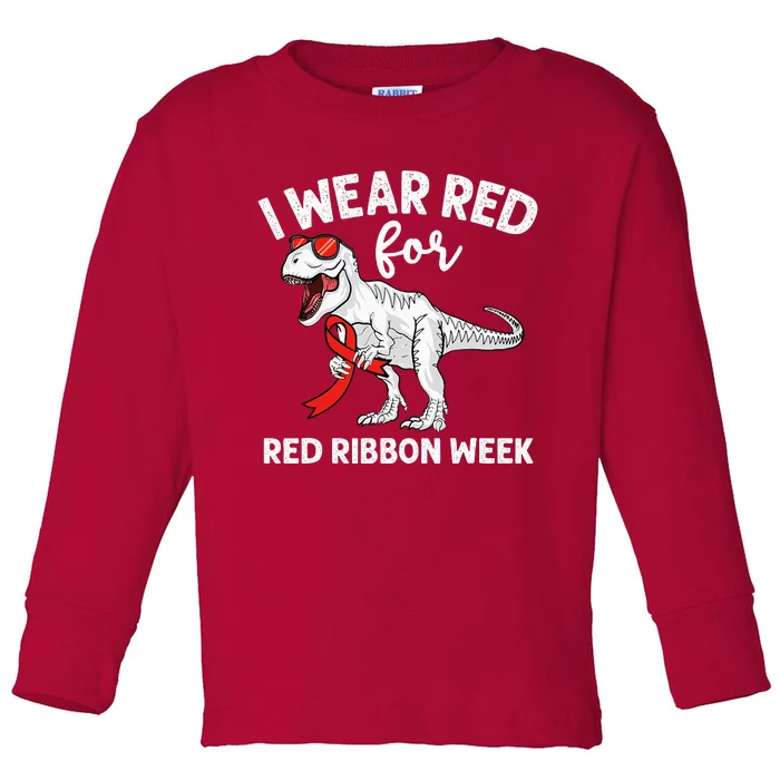 Cute Dinosaur We Wear Red For Red Ribbon Week Awareness Toddler Long Sleeve Shirt