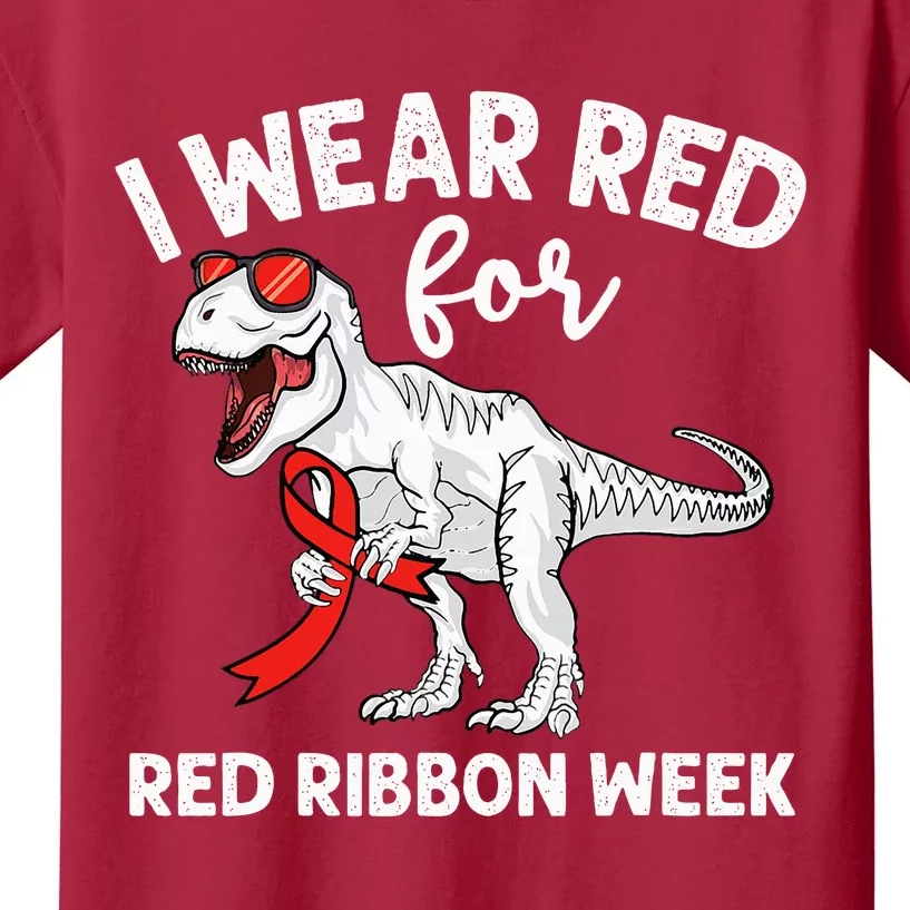 Cute Dinosaur We Wear Red For Red Ribbon Week Awareness Kids T-Shirt