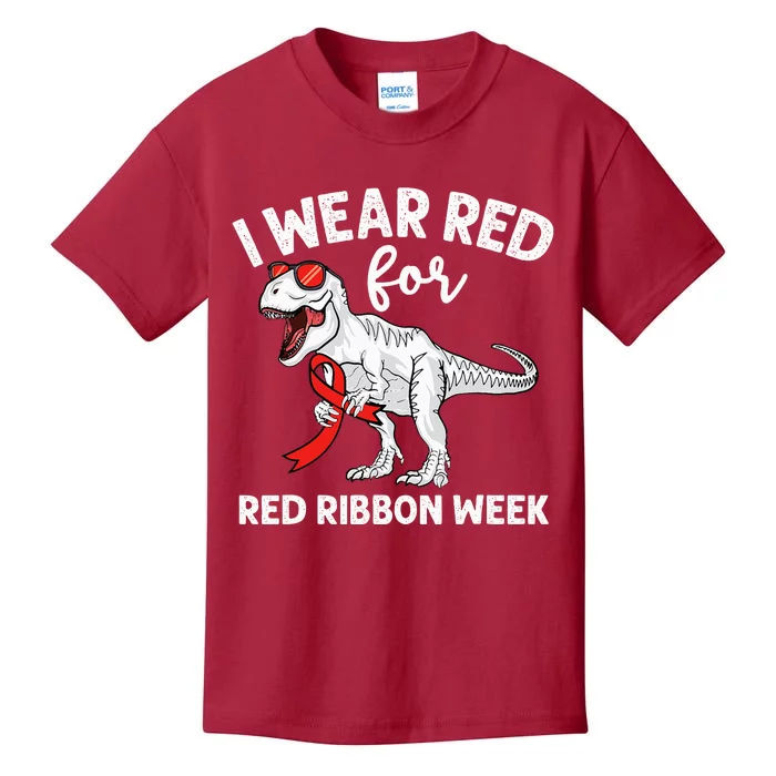 Cute Dinosaur We Wear Red For Red Ribbon Week Awareness Kids T-Shirt