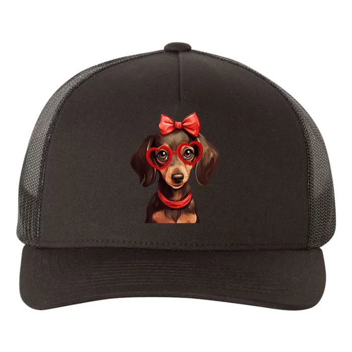 Cute Dachshund Wearing Red Glasses And Headband Bandana Gift Yupoong Adult 5-Panel Trucker Hat