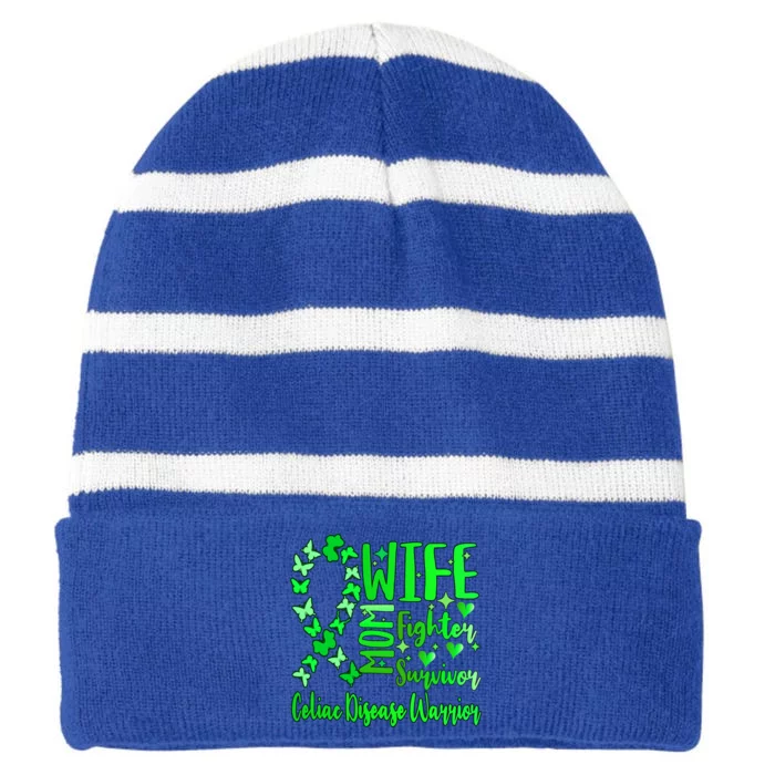 Celiac Disease Wife Mom Warrior Green Ribbon Butterfly Cute Gift Striped Beanie with Solid Band