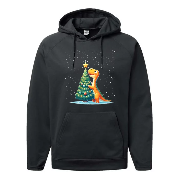 Cute Dinosaur With Christmas Tree And Star Cartoon Funny Performance Fleece Hoodie